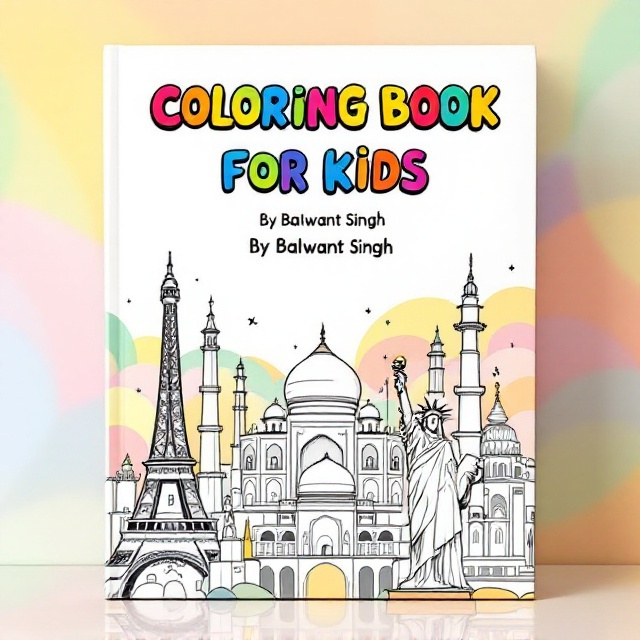 A playful and vibrant cover with an illustrated collection of famous global monuments, including the Eiffel Tower, Statue of Liberty, and Taj Mahal. Each monument is outlined in bold black lines to resemble a coloring page. The background has soft pastel hues as if it’s a gradient watercolor underpainting, complementing the coloring-book concept. A wide rainbow-colored border surrounds the layout, adding extra flair to the design.