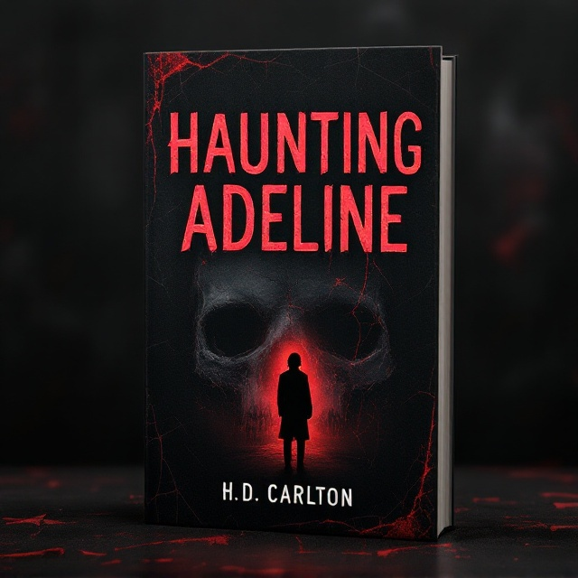 A shadowy, silhouetted figure of a man is positioned in the foreground, watching a woman from a distance, her figure partially backlit with soft red light. A dark, decaying skull is subtly embedded into the background texture, visible if looked closely. Thin, broken red lines slightly frame the edges, resembling cracked glass or blood trails. The overall blend of black and red tones creates an ominous and intense atmosphere.