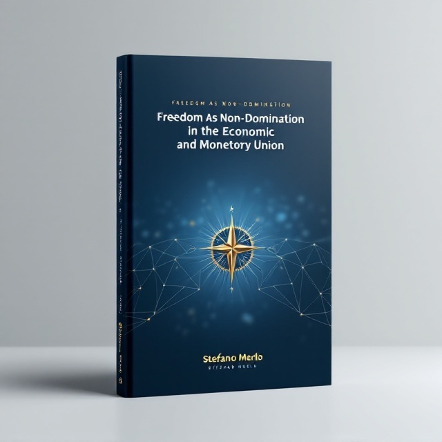 The cover features a clean, minimalist design with a dark-to-light gradient blue background symbolizing transition and depth. A subtle geometric pattern of interconnected lines overlays the gradient, resembling a web of economic and social connections. In the center, a golden compass as an abstract symbol of "freedom and guidance" slightly blurs into the background, offering an academic and philosophical tone.