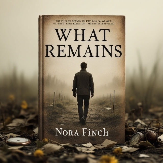 A weathered, sepia-colored landscape is the focus—a battlefield strewn with abandoned personal objects such as a rusted pocket watch, torn letters, and a single wilting dandelion. A silhouette of a young man, his back to the viewer, walks away into the fog-lined horizon, symbolizing loss and growth. The muted tones of brown, gray, and pale beige dominate the palette, evoking the weight of history and tragedy.