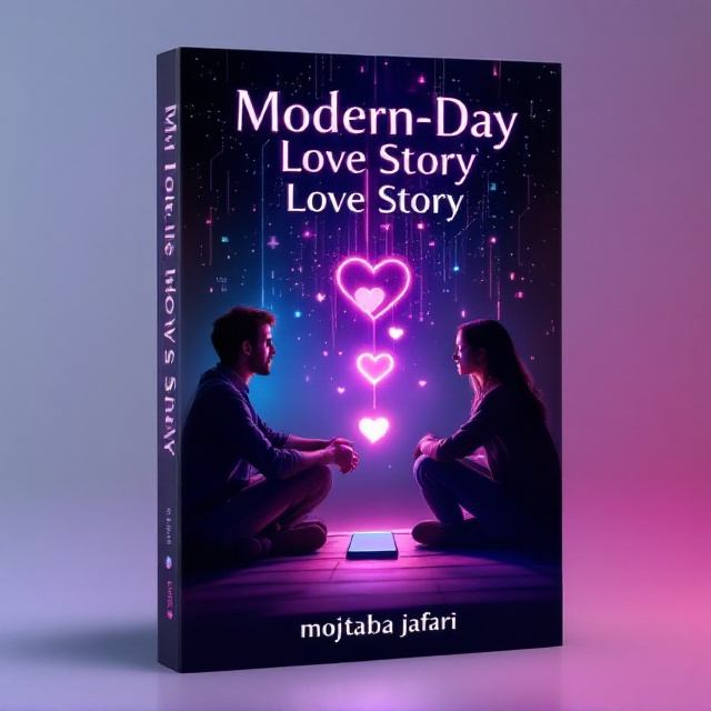 Two individuals facing each other, sitting on opposite sides of the cover with a large desktop computer screen glowing between them. A smartphone tilted slightly at an angle lies at the bottom center. Neon-colored hearts float between the characters, connecting the computer screen and smartphone. The background is dark with an illuminated digital swirl of social media icons (likes, messaging bubbles, hashtags) and faint binary code patterns fading into the edges. Soft pink, purple, and blue shades dominate the color scheme for a dreamy, modern feel. The author's name rests at the bottom in sleek, white text.