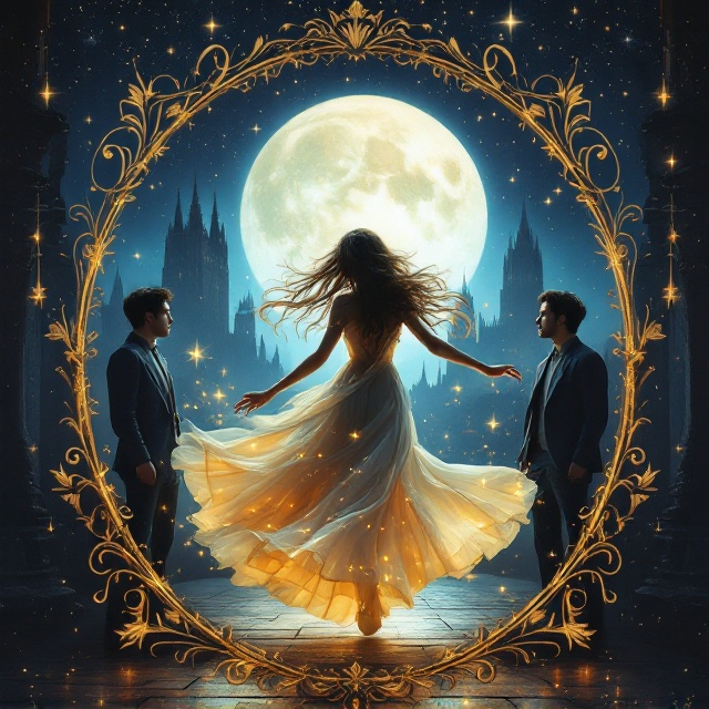 A fantasy-inspired night view of Edinburgh serves as the backdrop, with tall, shadowy spires and historic architecture bathed in deep blue and soft golden lights. Stars and a luminescent full moon create a dreamlike atmosphere. The central figure is a beautiful woman with flowing long hair, akin to Dilraba Dilmurat, spinning in the middle of the cover. Her dress is flowing and has an ethereal quality, with hues of light gold and blue. On either side of her, mirroring each other, stand two handsome Korean-like men resembling Ooh Sehun from EXO. Both are looking at her with expressions of love and longing. A fantasy-inspired gold ornate frame encircles the composition, adding an elegant, magical touch.