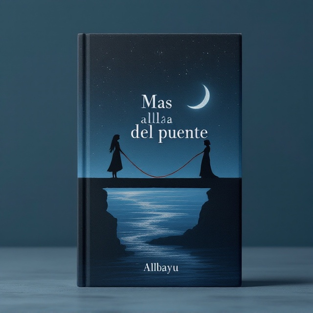 Two dark, shadowy silhouettes of two women are positioned on opposite ends of a narrow, elevated bridge against a cool-toned, deep blue night sky. The bridge cuts across horizontally, dividing the cover in two, with ripples of faint moonlight reflected on a flowing river below. The women are connected by a single, symbolic red thread stretching taut between them. The woman on the right is turned to the side, looking away from the thread, while the figure on the left locks eyes with her in an intense, forlorn gaze. A pale crescent moon adds a melancholic glow to the sky, subtly accentuating details.
