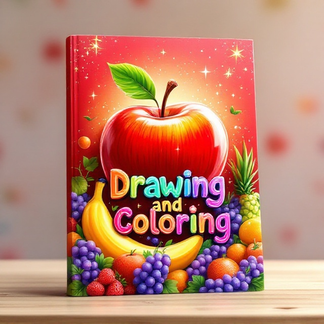 The cover features a large, playful illustration of a bright red apple, augmented by other vibrantly colored fruits such as a juicy orange, a yellow banana, and clusters of purple grapes arranged in a whimsical, almost magical floating pattern. Behind the fruits, there is a softly gradiented red backdrop with subtle sparkles, giving a fantastical shine. The edges of the cover are framed with a rainbow of crayon textures, evoking a sense of creative fun.
