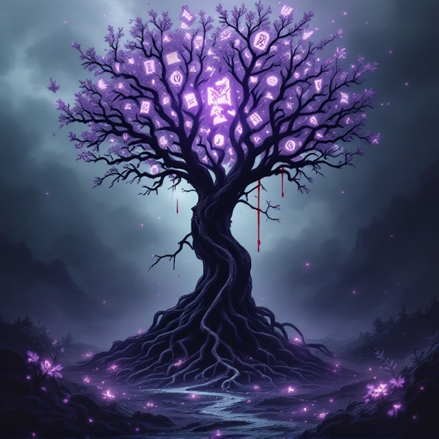 A silhouette of a towering, ancient tree with entwined roots and branches dominates the center, shrouded in delicate shadows. Blood trickles down the roots, pooling at the base, while a faint lavender mist swirls around it. Above the tree, fractured pieces of an oath-bound scroll hover, glowing faintly with mystical runes, their edges singed. The background transitions between stormy gray clouds and deep black shadows, creating an ominous yet mythic ambiance. Small, glowing lavender flowers (lavender sprigs) bloom sparsely around the tree roots, adding a hint of fragile hope amidst the haunting scenery.
