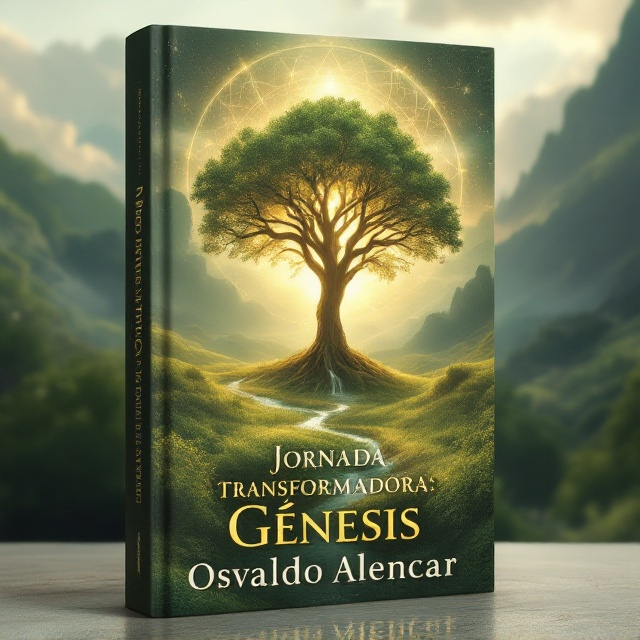 A serene landscape of a lush green valley bathed in golden sunlight, with clouds parting to reveal a glimpse of the heavens. At the foreground, a solitary tree—ancient and majestic—symbolizing the Tree of Life. Soft light emanates from the tree, and subtle outlines of cosmic patterns or constellations weave into the sky above. Water flows gently from a nearby brook, reflecting the sun’s warmth.
