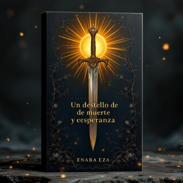 A dark, textured background resembling a misty, ethereal void, with a glowing golden rising sun at the top-center of the cover. The rays of the sun subtly morph into thorny vines, weaving down the sides and intertwining with an ornate, vertical dagger in the center. Around the dagger’s base, a delicate arrangement of dark flowers with sharp thorns blooms outward. Faint sparks of golden light float through the cover, creating an air of mystery.