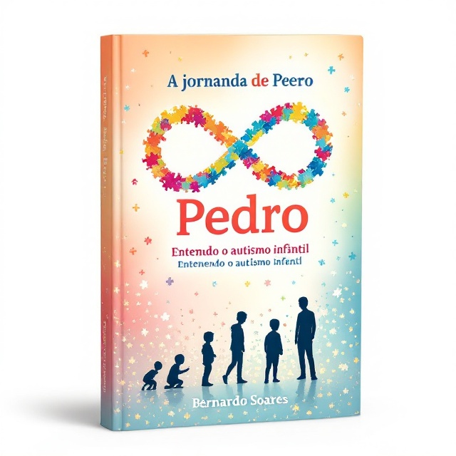 The cover features a soft gradient of warm pastel tones transitioning from orange to blue, symbolizing hope and growth. In the center, a large colorful infinity symbol is intertwined with puzzle piece patterns, representing the complexities and uniqueness of autism. Along the bottom of the cover, a silhouette of Pedro is illustrated growing up—from a baby crawling to a young boy standing confidently at age 12, marking milestones. Small, scattered puzzle pieces fade upward, creating a whimsical and emotive visual. Around the edges, ribbons of glowing puzzle pieces form a delicate frame.