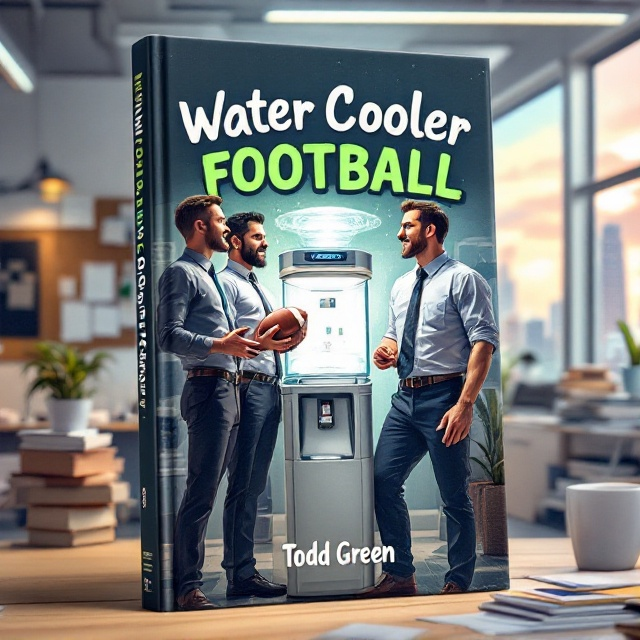 A bright, dynamic illustration featuring three American office workers, two dressed in typical office attire (shirts, ties, dress pants), and another holding an American football. They are clustered around a sleek, modern water cooler within a colorful but slightly cluttered office space. There are stacks of papers, a corkboard with pinned notes in the background, and a hint of an office skyline outside of a nearby window. A light-hearted conversation is depicted, with playful expressions on their faces.