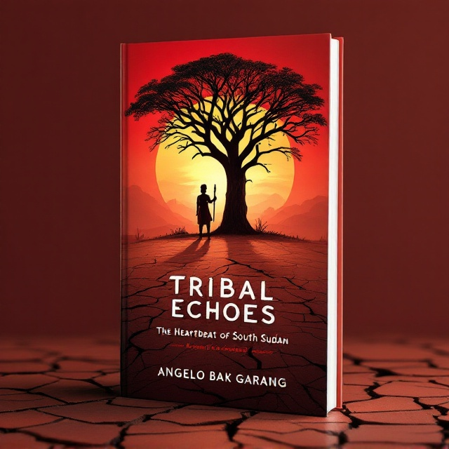 The cover features a dramatic silhouette of a resilient South Sudanese tribal elder standing on cracked red earth, their traditional adornments and staff casting long shadows. Behind the elder, a large baobab tree extends its branches, symbolizing roots and resilience, while the backdrop transitions into a hazy African sunset, radiating a deep earthy red that symbolizes the land and the struggles of the people. The lower section incorporates subtle tribal patterns etched into the foreground, blending seamlessly with the rough texture of the cracked soil.