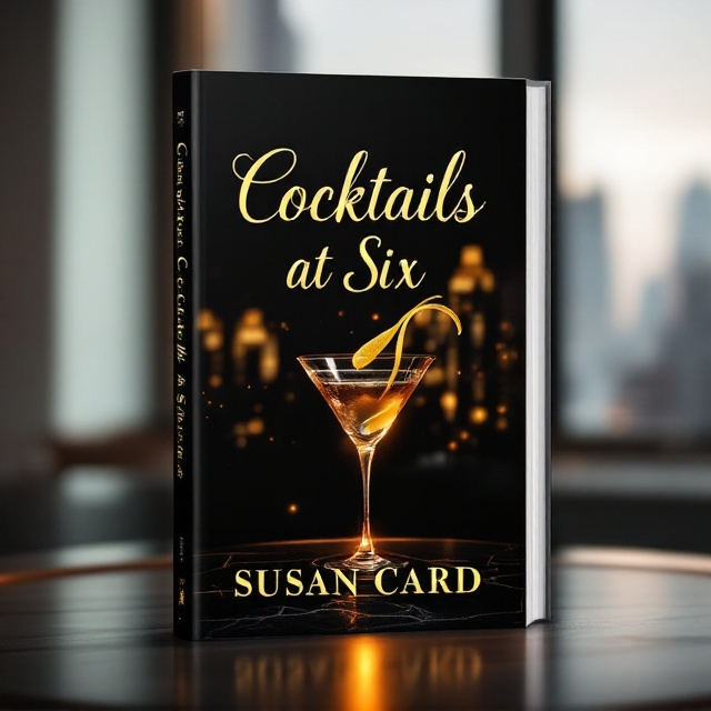 A sleek and elegant design featuring a dimly lit table with a single martini glass topped with a lemon twist. The background fades into a soft gradient of black and deep gold, symbolizing a sophisticated evening. A blurred silhouette of a city skyline is subtly visible in the background, reflecting urban romance. At the center, a small flickering candle adds a romantic and intimate glow.
