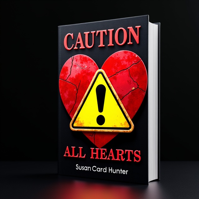 Against a stark black background, a large, glossy red foil heart dominates the center of the cover. In the middle of the heart is a vivid yellow caution sign, featuring a bold black exclamation mark. Subtle glowing edges around the heart give it a radiant, eye-catching quality, while faint textures of cracked foil are layered within for depth. Below the heart, soft red streaks radiate outward like subtle veins, hinting at passion and vulnerability.