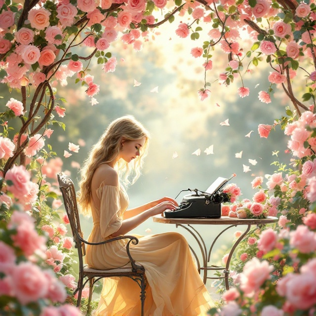 A picturesque flower garden in vivid pastel tones serves as the backdrop. Stella, a blonde woman in a flowing pale-yellow dress, sits gracefully on a vintage wrought-iron chair. Her posture exudes quiet determination as she types on a retro typewriter, placed on a small wooden table adorned with fresh flowers. Delicate sun rays filter through a canopy of trees, creating a serene and romantic atmosphere. Winding vines and blooming roses frame the scene naturally, while fluttering petals dance around her.