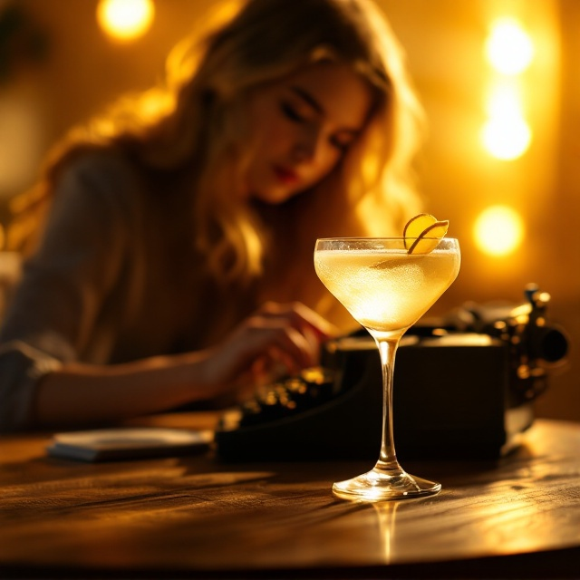 A warm, golden-tone backdrop resembling the light of a setting sun glows over a dimly lit lounge. A sleek, frosted Martinez glass with a distinct liquid swirl, garnished with a lemon peel, is centrally positioned in the foreground. Behind it, a vintage manual typewriter is subtly visible, seated on a woodgrain table. The shadowy figure of a blonde girl with soft waves in her hair leans over the typewriter, frozen mid-typing, her expression suggesting a contemplative yet hopeful vibe. The lighting highlights both the glass and the typewriter, casting faint reflections and drawing the reader’s focus.