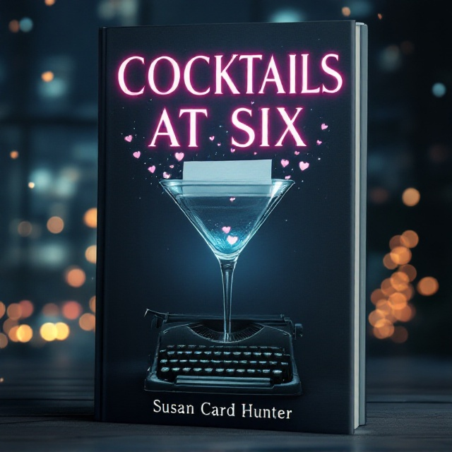 A dark, somber night setting frames the background with twinkling city lights barely visible. At the center, a large martini glass dominates the scene. Inside the glass, instead of liquid, sits a vintage manual typewriter. Wispy hearts float upwards from a sheet of paper inserted in the typewriter, dissolving into the dim, melancholic glow around the title. The overall color scheme uses muted tones of navy blue, silver, and soft pink with subtle gradients to evoke a sense of longing and sadness.