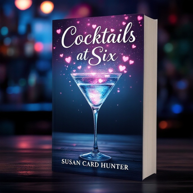 The cover showcases a dimly lit bar background that fades into deep shades of indigo and soft pink, evoking a melancholic yet romantic mood. At the center is an oversized martini glass, its vibrant liquid shimmering. Inside the martini glass sits a vintage manual typewriter, its keys illuminated softly. Floating upward from the typewriter’s paper are a series of small, translucent hearts, fading softly as they ascend, mimicking bubbles.