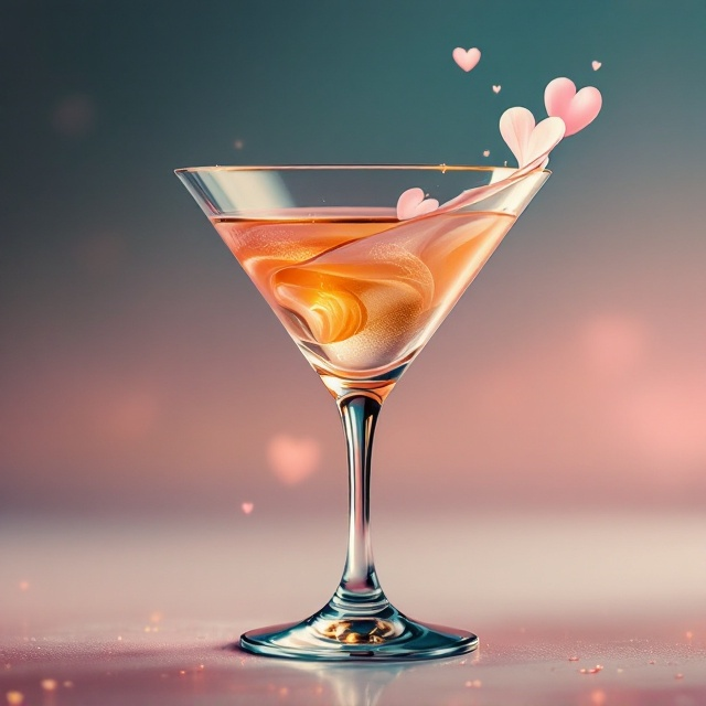 A large, elegant martini glass takes center stage, its stem replaced by the frame of a vintage typewriter. The keys of the typewriter shimmer subtly as they transition into the clear body of the martini glass. Inside the glass, liquid swirls tinged with soft pink, gold, and cream hues representing romance and passion. On the rim of the martini glass, there’s an artistic twist made of a pale rose petal curling delicately. Floating outward are small, faintly glowing heart shapes, rising gently as bubbles might in a drink. The background features a soft gradient from deep twilight blue at the top to a warm blush at the bottom, resembling the shift from day to evening.