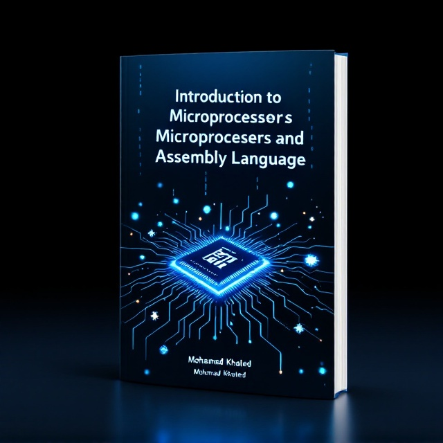 A futuristic illustration of a sleek microprocessor with glowing circuitry lines radiating outward, set against a dark gradient background transitioning from deep navy blue to black. The background includes subtle, translucent binary code cascading down like rain, evoking a sense of digital innovation. In the foreground, small glowing icons (e.g., gears, computer chips, code snippets) float near the title, reinforcing the microprocessor and technology theme. A thin, glowing border frames the entire cover.