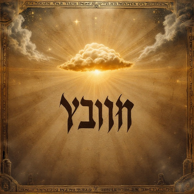 The background prominently features a weathered parchment texture with layers of deep brown and sand, accented with a warm gold gradient glowing subtly from the center. In the foreground, an enlarged Tetragrammaton (YHWH) in ancient Hebrew script is centrally placed, surrounded by faint cuneiform inscriptions that spread outward in a radial pattern. Hovering above the Tetragrammaton, a storm cloud rendered with delicate brush textures fades into the edges of the composition, while a subtle starry sky is visible in the top-left corner. At the bottom corners, illustrations of the Lachish relief and Mesha Stele are intricately etched into parchment-like frames. A faint silhouette of a majestic lion emerges in the background, blending seamlessly into the texture, symbolizing kingship and divine power.