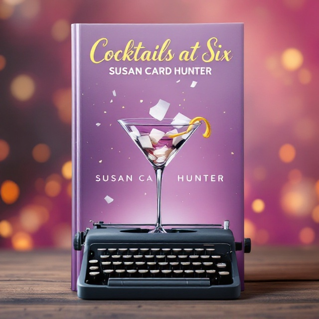 A striking, oversized martini glass dominates the center of the cover, depicted in mid-tilt with a golden twist of lemon dangling from the rim. Inside the glass, small papers scatter as if they're manuscript pages, against a transparent liquid backdrop. At the base of the martini glass sits a vintage, manual typewriter angled slightly, with a few keys missing—symbolizing creativity under pressure. The background is softly blurred, with a deep pink and lavender gradient reminiscent of a sunset cocktail hour. Tiny bokeh lights are scattered across to evoke magic and optimism.