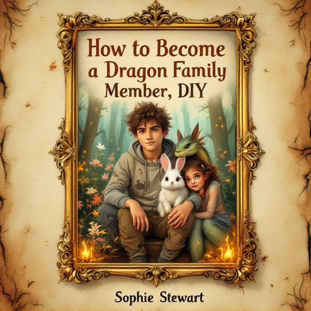 A whimsical, pastel-toned illustration of a family photo inside an ornate, golden frame slightly scorched around the edges by dragon-fire. The "photo" shows a 12-year-old boy dressed in modern, slightly askew clothing (possibly a hoodie with patches), sitting awkwardly between an angry white rabbit on his lap and a dragon girl (with delicate scales and glowing eyes) leaning playfully over his shoulder. The background within the photo is an enchanted forest with glowing magical flowers and mist. Outside the golden frame, the background of the cover is faded parchment with claw marks revealed beneath the title.