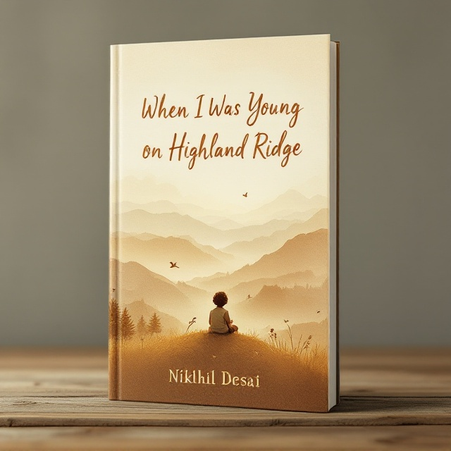 A central illustration of a young child sitting on a hillside that overlooks a serene, sprawling, and slightly misty ridge. The artwork is soft, watercolor-inspired, evoking warm, golden tones with a touch of sepia for a nostalgic effect. The skyline transitions into a soft blend of whites and pale blues, with light clouds gently accentuating the sky. At the base of the cover, a faint silhouette of birds flying completes the serene scene.