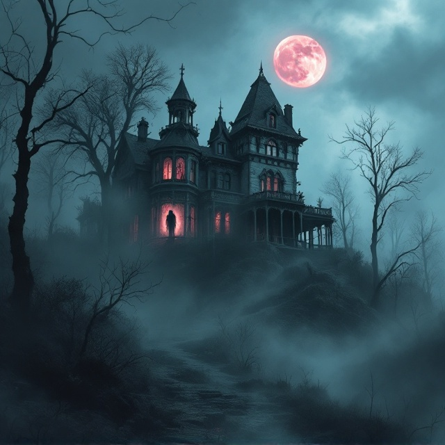 An imposing and decayed Victorian house sits atop a hill, partially obscured by swirling, ominous fog. The house has dark, broken windows, and in one of these windows is the faint silhouette of a shadowy figure, barely visible, creating a chilling sense of unease. Tall, skeletal trees surround the house, their leafless branches reaching out like claws. The foreground includes more dense fog creeping toward the viewer, while a faint blood-red moon glows through thin, wispy clouds in the background. The entire scene is bathed in eerie shadows, with hints of dim amber and red lighting emphasizing the house’s sinister architecture.