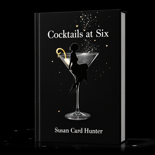 A sleek black background sets an elegant tone; a martini glass is centered on the cover. The bottom of the stem transitions into a vintage manual typewriter. Inside the martini glass, a silhouette of a sad woman wearing a flowing dress is seated, legs crossed, gazing upward wistfully. A thin lemon twist delicately circles the rim of the glass, adding sophistication. Subtle, shattered heart shapes are scattered faintly in the background like cracked glass, giving a sense of heartbreak without overpowering the scene.
