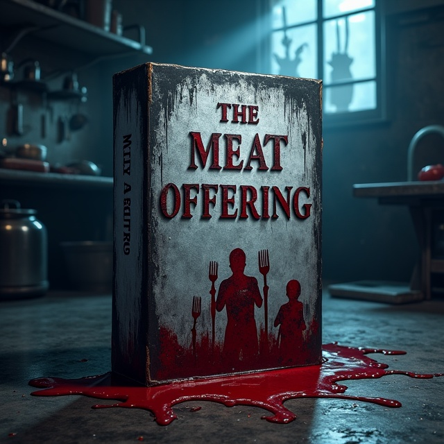 A dimly lit butcher shop interior dominates the cover. At the center, a large, old-fashioned meat slicer sits ominously, dripping with blood. Two faint adult shadows are reflected on the metallic blade, while two smaller, childlike shadows loom nearby, their faces just out of sight. The slicer glints silver in the muted blue lighting, while crimson blood pools beneath it, dripping over the edge like a slow, sinister leak. The background is shrouded in darkness, with faint, ghostly carvings spreading across the walls, mirroring the cursed slicer's patterns. A faint, subtle demon-like form emerges from the shadows in the background, barely perceivable.