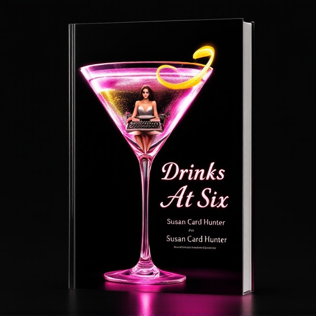 A large martini glass dominates the cover, taking center stage. Inside the martini glass, near the base, a petite, stylishly dressed woman sits cross-legged on a vintage manual typewriter, her fingers poised mid-typing. The stem of the glass extends boldly down the page, giving it an elegant and modern feel. A bright lemon twist rests on the rim of the glass, curling slightly into the drink. The background is black, with subtle hot pink highlights that give a glowing effect, akin to neon signage.