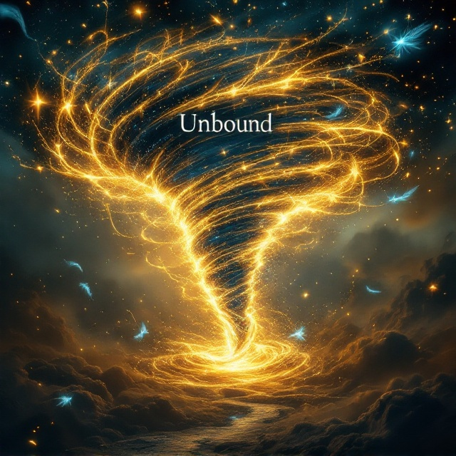 The cover shows a massive, swirling tornado made of golden light with hints of magic energy in the form of glowing blue, feather-like particles swirling within it. The tornado is surrounded by a slightly darkened, ominous but open sky with faint streaks of magical energy in light blue, creating both mystique and a sense of freedom. The tornado is symbolically encased by faint, transparent-looking chains disappearing into the corners of the cover. The essence of the scene evokes tension and a yearning to break free. The title "Unbound" is placed directly in the center, with the letters fragmented with faint golden chains binding parts of the text.