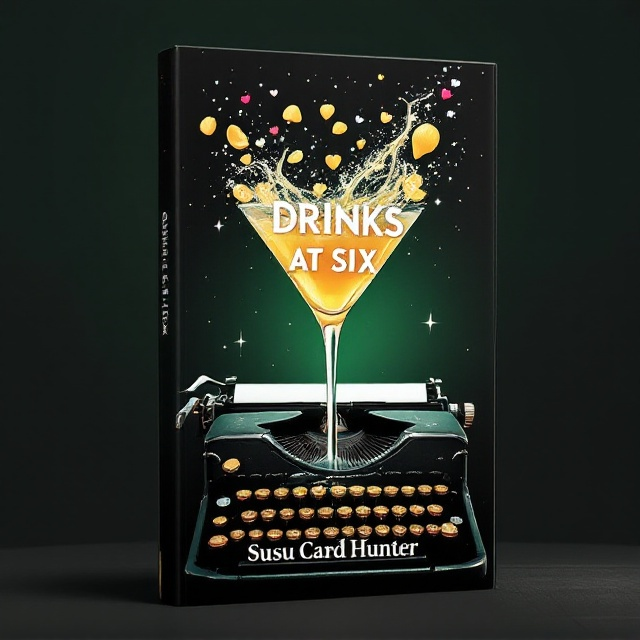 A towering martini glass dominates the center of the cover, its base morphing seamlessly into a vintage manual typewriter with gleaming silver keys. Rising out of the glass are wispy trails of lemon twists, symbolizing elegance, interwoven with floating hearts and dollar signs, representing romance and financial success. The background is split diagonally—deep black fills the bottom to anchor the typewriter, transitioning into a soft emerald green gradient toward the top. Subtle white sparkles are scattered across the background, giving a sophisticated yet romantic feel.