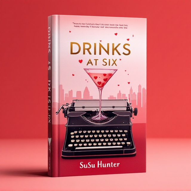 A martini glass in the shape of the number "6" is the central element, formed seamlessly by the curvature of the glass and stem. The base of the martini glass is a vintage manual typewriter with small hearts and dollar signs floating upwards like bubbles inside the glass. The background is a gradient of soft blush pink blending into deep wine red, symbolizing love and passion. A subtle cityscape silhouette is ghosted into the background to hint at success and ambition.