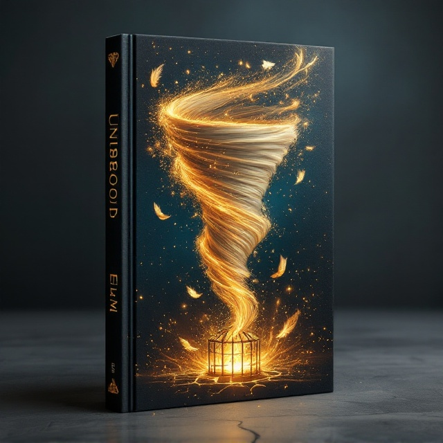 A dynamic golden tornado swirls at the center of the cover, its spiraling edges infused with glowing magical sparks and flecks of light. The tornado’s energy appears to break free from a fragile, cracked golden cage at the bottom of the composition. Golden feathers drift upward, swirling around the tornado, with hints of shimmering ethereal magic glowing softly against a dark navy-blue, almost twilight-like background. The scene evokes a feeling of boundless motion, illuminated with golden tones and subtle fantasy vibes.