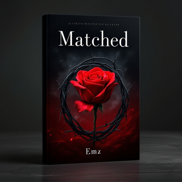 A single red rose in full bloom is placed at the center of the cover, encased in intertwining dark, sharp thorns that create a protective barrier. The background is a gradient that transitions from deep crimson at the bottom to dark, mysterious black at the top, symbolizing romance and mystery. Soft, mist-like effects surround the rose, adding a sense of intrigue and allure.