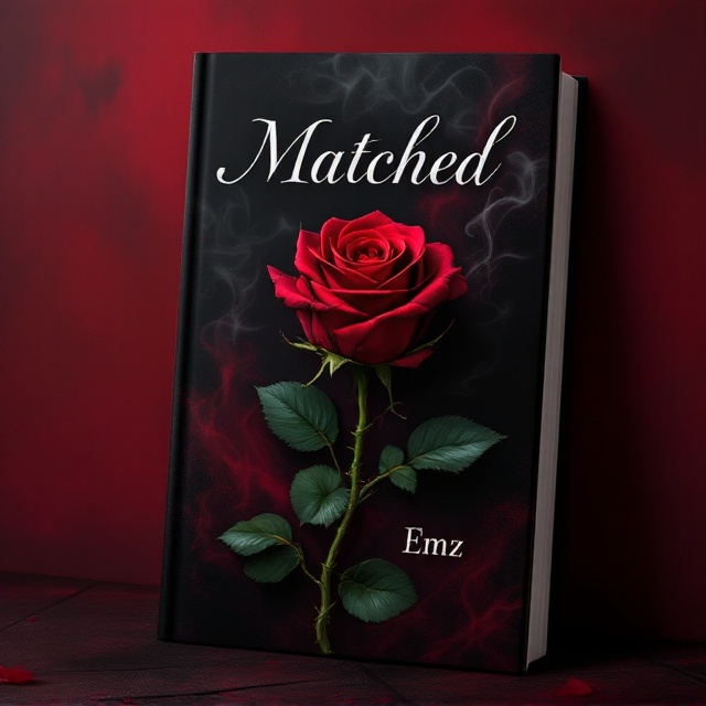 A shadowy, dark crimson background with faint brush-like textures. A single deep red rose lies in the center of the cover, fully bloomed, with dark, glossy green leaves. Its stem, covered in sharp, prominent thorns, twists upward, climbing into the title space as though reaching for something. Behind the rose and thorns, faint, mysterious wisps of dark smoke or mist curl upward, adding an air of mystery and danger.