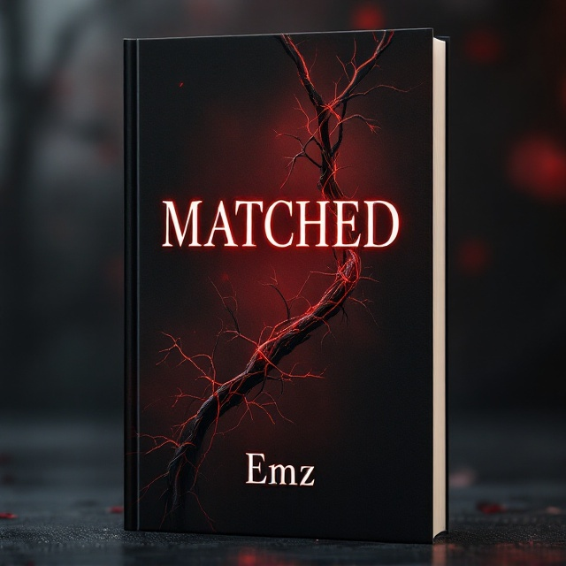 A dark, moody background with an ombre color scheme transitioning from deep crimson at the base to a shadowy black at the top. A single, thick stem of twisting climbing thorns runs diagonally across the cover, with fine veins of red thread tangled delicately around it, forming intricate knots. In the background, faint silhouettes of roses appear softly blurred, creating an air of mystery.