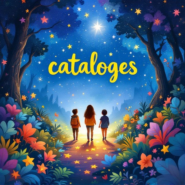 A whimsical illustration of children walking through a fantastical forest filled with vibrant oversized leaves, sparkling stars, and colorful creatures. The forest path they walk on transforms gradually into a stream of stars, symbolizing exploration. The background transitions from bright daytime sky at the top to a deep, dreamy night towards the bottom. A soft light glows from the center, creating a warm and inviting atmosphere.