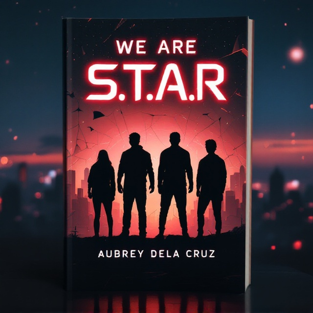A silhouetted group of four individuals (representing "S.T.A.R") standing against a backdrop of a fractured but glowing skyline at twilight. The skyline is both beautiful and eerie, with a gradient of dusk colors transitioning to a shadowy, star-specked night. Behind the characters, subtle, broken, geometric shards float in the air, giving the sense of danger and mystery.