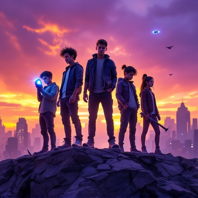 Five characters—three boys and two girls—stand atop a shattered concrete rooftop at dusk, illuminated by a deep orange and purple sunset. One boy is holding a glowing gadget emitting blue light, while another clutches a steel crowbar. The others strike wary and defensive poses. Surrounding them are faint spectral outlines of a futuristic, high-tech city in ruins, fading into shadowy silhouettes. A few distant drones hover in the sky, barely visible. The scene exudes a mix of beauty and tension, with distrust emphasized in the characters’ stances and cautionary postures.