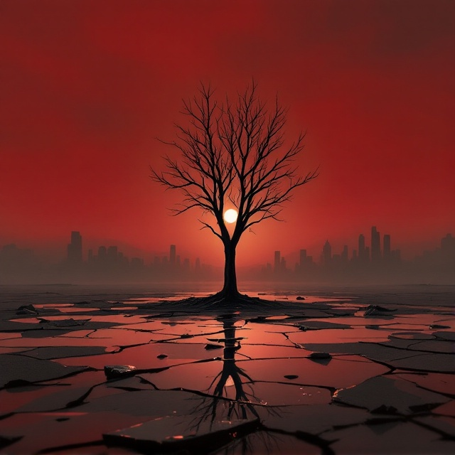 A solitary, barren tree stands at the center of a cracked, desolate wasteland under a blood-red, oppressive sky. The distant horizon shows faint silhouettes of crumbled skyscrapers, conveying a world lost to ruins. Surrounding the tree are scattered, jagged shards of a broken mirror, reflecting distorted parts of the dystopian landscape. The center of the tree glows faintly, suggesting a small, desperate spark of life amidst destruction.