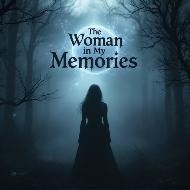 A shadowy silhouette of a woman stands in the middle of a mist-laden forest, her face half-turned, shrouded in gloom. Floating above her head is a glowing, mysterious orb in pale blue with wispy threads of light emanating from it, adding an ethereal sense of magic. The background is a gradient of deep black melting into subtle gray mist, with faint streaks resembling torn memories drifting away in the distance. The forest trees are barren, their branches twisted like skeletal fingers.