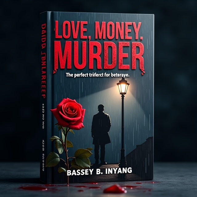 The cover features a dark, stormy background with streaks of rain coming down diagonally, suggesting unease and tension. At the focal point, there is a blood-red rose in the foreground, its petals dripping with what appears to be blood. A shadowy male figure in a trench coat is partially visible in the background, standing under a streetlamp emitting a faint, ominous glow. A stack of money is subtly layered in the corner of the design, blending into the darkness but still noticeable. Above it all, the title stands out in compelling bold letters.