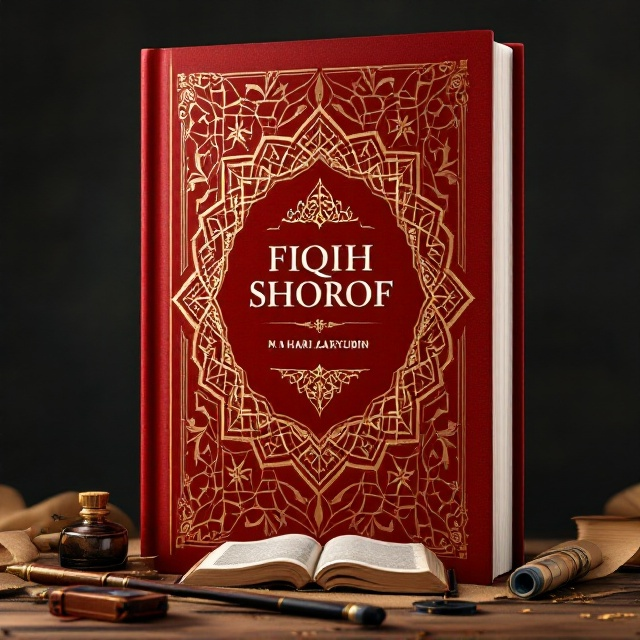 A bold red background with intricate gold Arabic calligraphy forming geometric patterns, symbolizing the essence of knowledge and culture. A central frame holds the title "FIQIH SHOROF" in strong, elegant Arabic-inspired typography, surrounded by illustrations of traditional Arabic instruments such as the oud, ink pens, and an open manuscript. Subtle textures of aged parchment overlay the background to add depth.