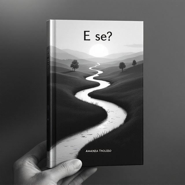 A black-and-white landscape with a winding river cutting through the cover. The river reflects the light of a rising sun on the horizon, its rays subtle but hopeful. On both sides of the river are two diverging paths, symbolizing choices. The scenery is minimalistic but textured, with faint details of trees and grass in grayscale. The title "E se?" and the subtitle are placed in the light area where the sun’s glow contrasts the dark background.
