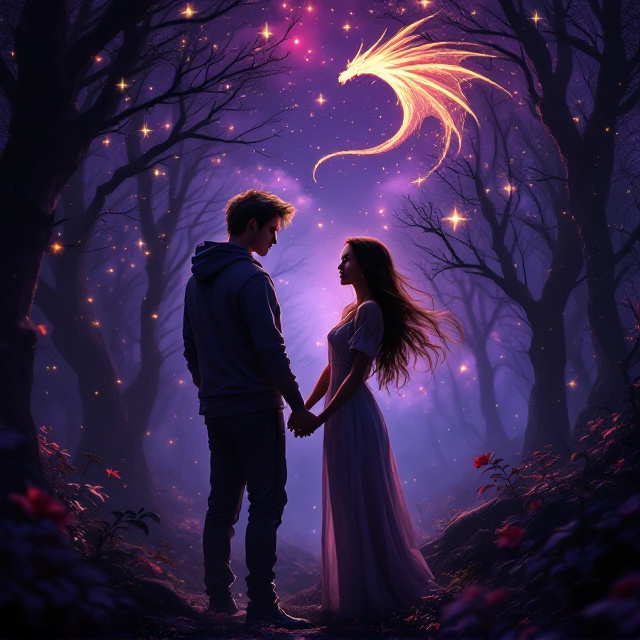 The cover features an enchanted, moonlit forest with a backdrop of shimmering stars and a glowing, ethereal light. At the center of the design, positioned slightly to the right, the woman with brown skin, long brown hair, and striking red eyes stands tenderly, wearing her patient’s outfit. Her hand is softly interlocked with that of a taller masculine man, who stands on her left. The man has dramatic black front hair and blonde back hair, dressed in a modern hoodie and sweats. A faint silhouette of a dragon's wing spans faintly in the sky above them, blending with the constellations. Romantic hues of deep purple, gold, and crimson dominate the atmosphere, creating a balance between fantasy and passion.