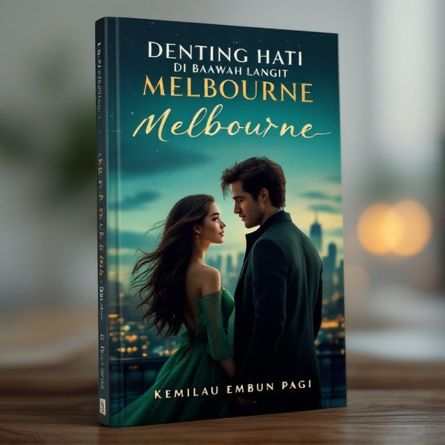 Against the backdrop of the iconic Melbourne skyline at twilight, the front cover features three central characters. The Indonesian woman, with her flowing hair and an elegant green dress, stands to the left, gazing wistfully ahead. To her right is a taller Western man with dark brown hair wearing a sophisticated coat, looking toward the woman with subtle affection. On the woman’s left is the shorter Indonesian man, sporting a contemplative yet longing expression toward her. The glowing transition of blue-green tones in the sky with specks of soft stars creates an enchanting setting, embodying both heartbreak and romance.