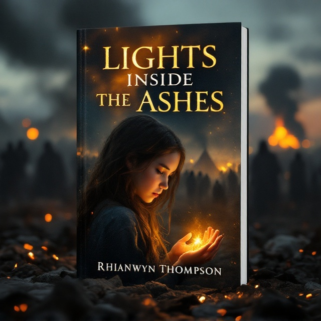A dimly-lit war camp sprawls across the background, with silhouetted tents and smoke rising into a twilight sky. The foreground shows a young girl with long brown hair, her face partially turned toward the reader. She is illuminated by a soft golden light emanating from her hands. Behind her stands a ghostly yet stoic crowd of people, their expressions a blend of sadness and suppressed anger. The light from the girl contrasts against the shadows engulfing the crowd around her, while faint ashes float throughout the air.
