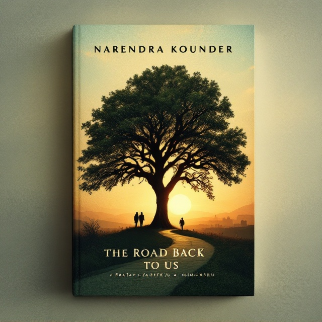The cover showcases a silhouette of an old oak tree standing prominently in the center, its branches sprawling against a softly glowing sunset sky. A narrow, winding road starts from the foreground and gently curves into the distance, disappearing into a faint silhouette of a small town at the horizon. The three abstract figures—Pratap, Kartika, and Himanshu—are positioned near the base of the oak tree, standing apart from each other with visible emotional distance, their silhouettes blending subtly into the golden-orange light. The textured background combines muted earthy greens, warm oranges, soft blues, and hints of golden glow, creating a nostalgic yet hopeful mood.