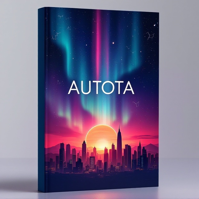 A futuristic city skyline in silhouette spans the lower section of the cover, with sleek, exaggerated towers reaching towards the heavens. Above the skyline, a radiant aurora dances across the sky, blending seamlessly into a setting sun that bathes the scene in a gradient of red, orange, and purple hues. In the background, faint celestial elements—such as constellations and stars—glow softly, evoking a sense of godly grandeur and fantasy.